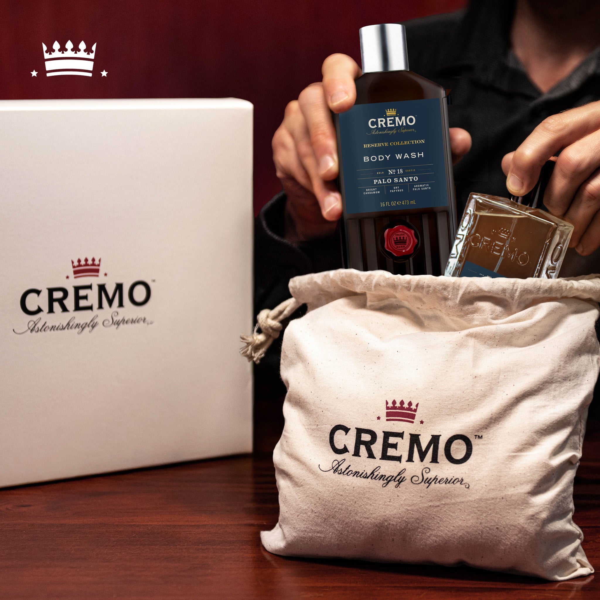 Cremo Palo Santo Eau De Toilette and Body Wash Gift Set placed inside a branded Cremo gift set dust bag, with the gift set box displayed behind it.