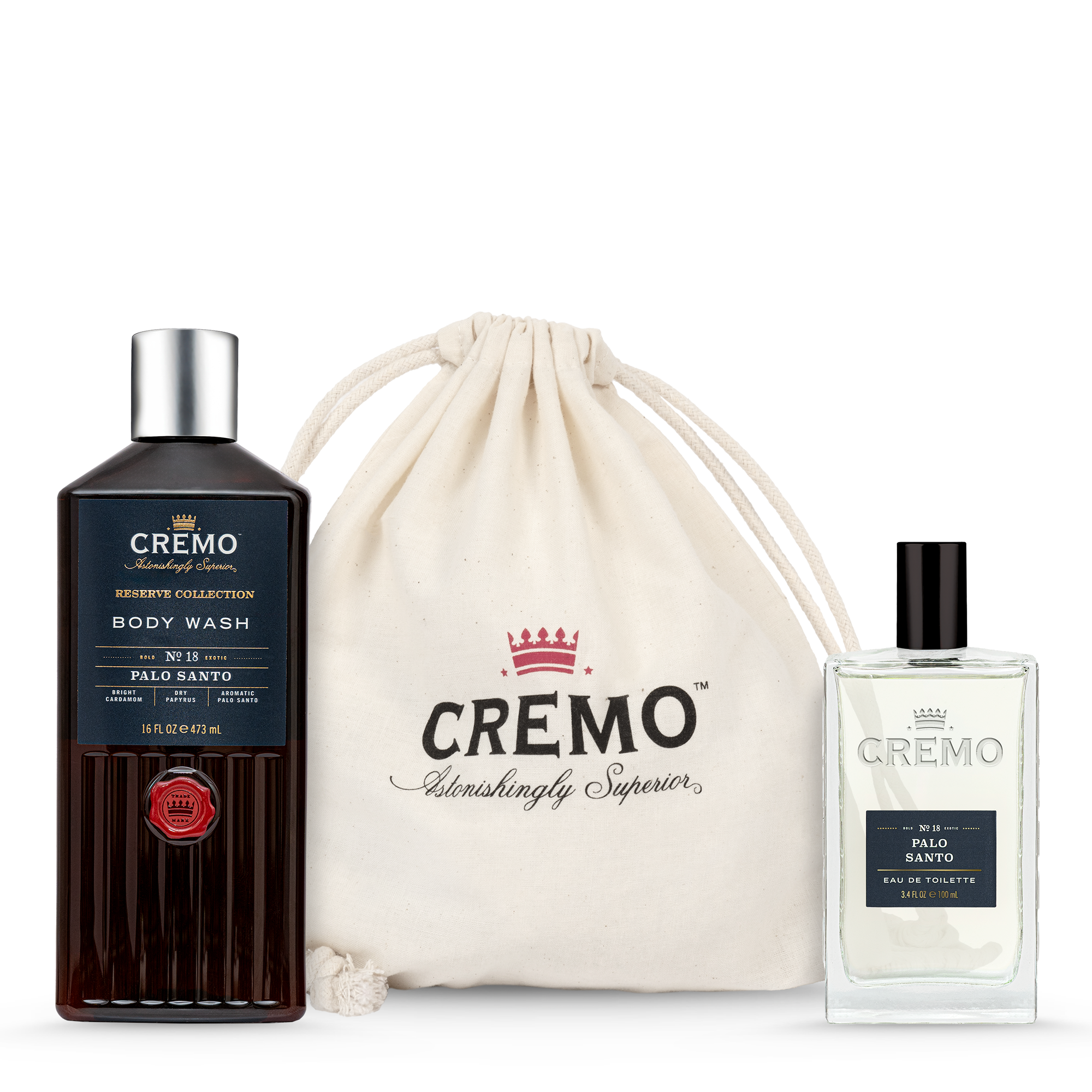 Cremo Palo Santo Eau De Toilette and Body Wash Gift Set, with the gift set dust bag displayed behind it.