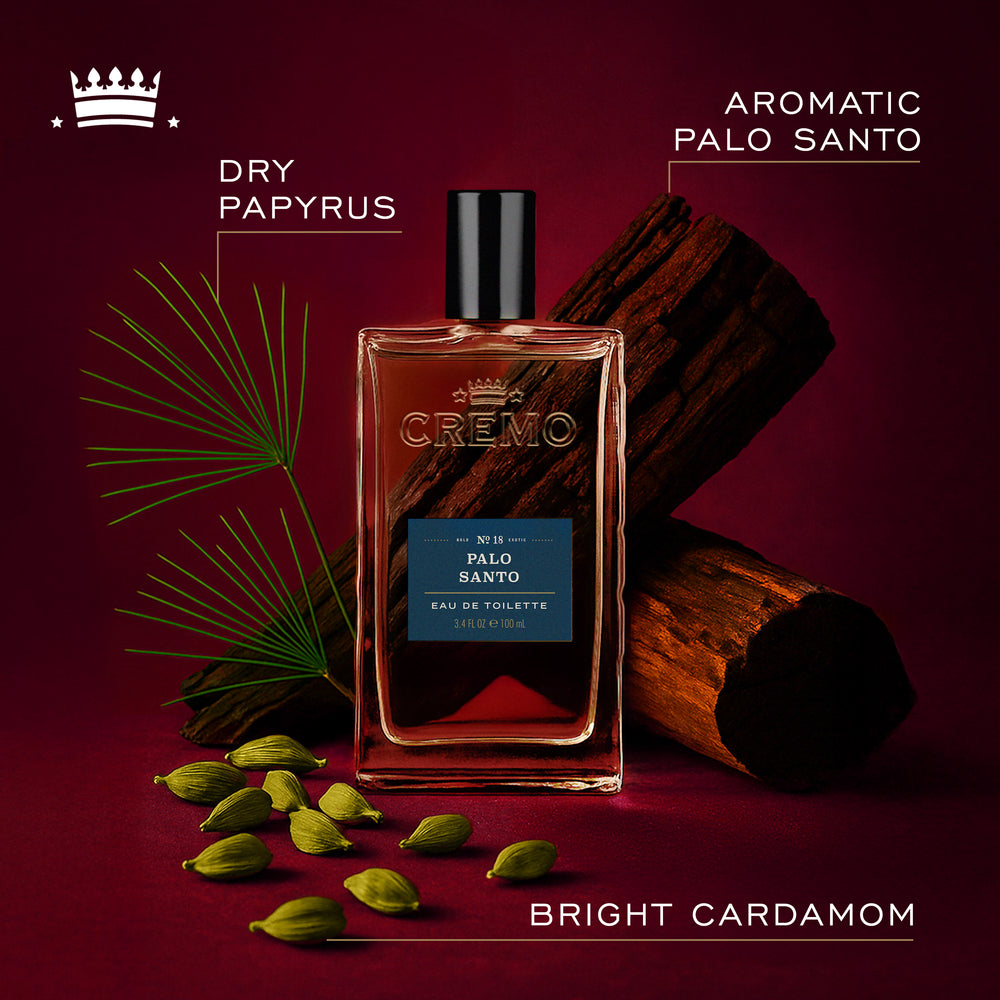Front view of Cremo Palo Santo Reserve Collection Eau De Toilette, with text highlighting dry papyrus, aromatic palo santo, and bright cardamom fragrance notes.