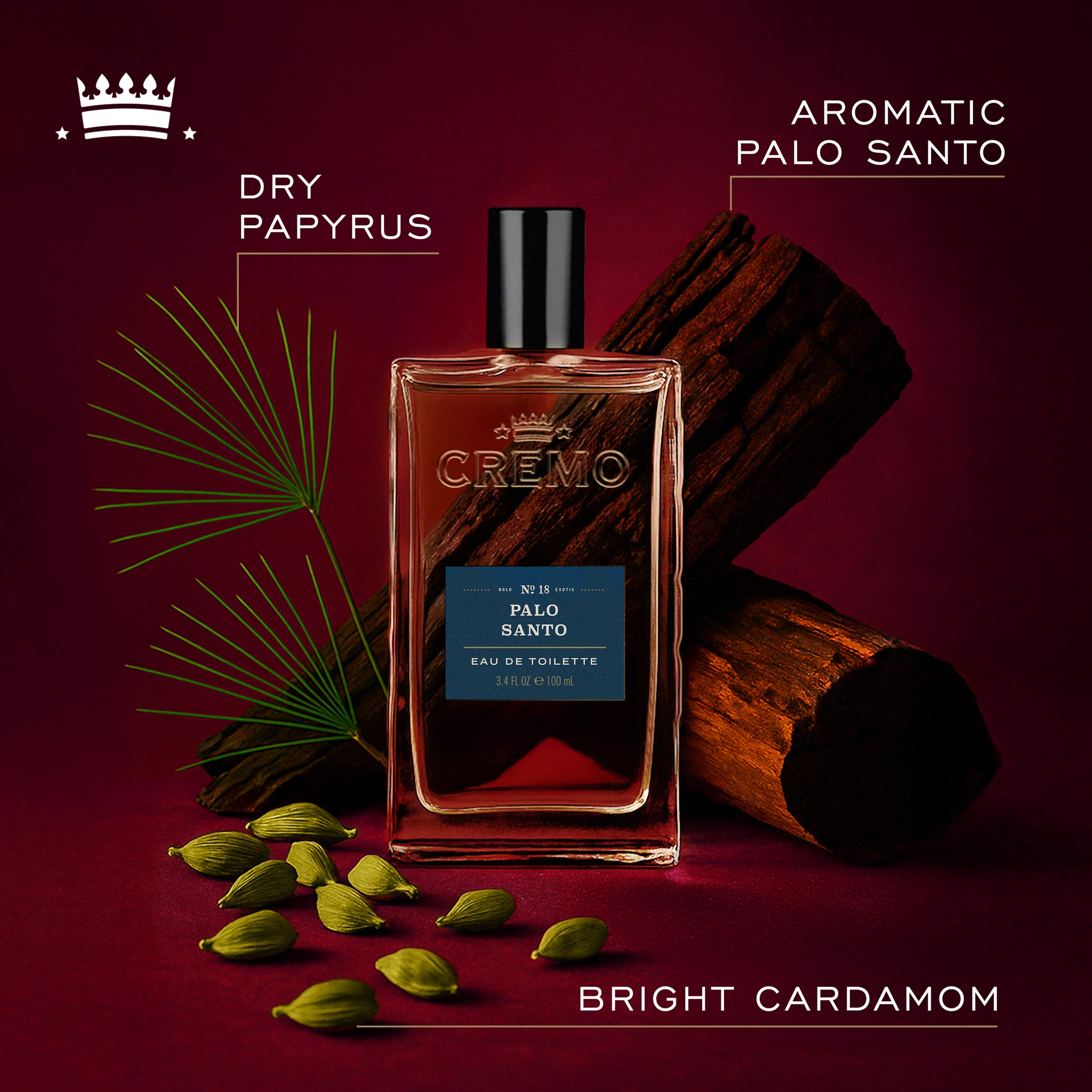 Front view of Cremo Palo Santo Reserve Collection Eau De Toilette, with text highlighting dry papyrus, aromatic palo santo, and bright cardamom fragrance notes.