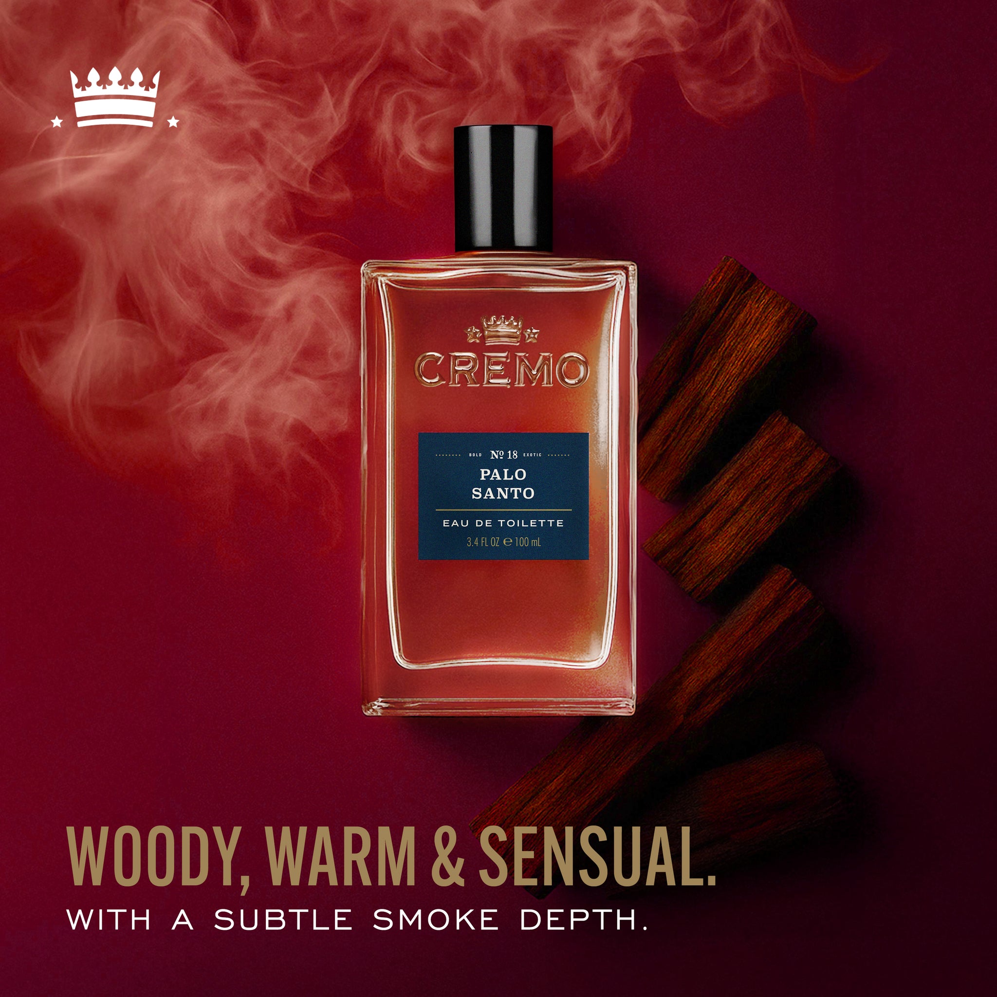 Cremo Palo Santo Reserve Collection Eau De Toilette with text reading, “Woody, warm & sensual. With a subtle of smoke depth."