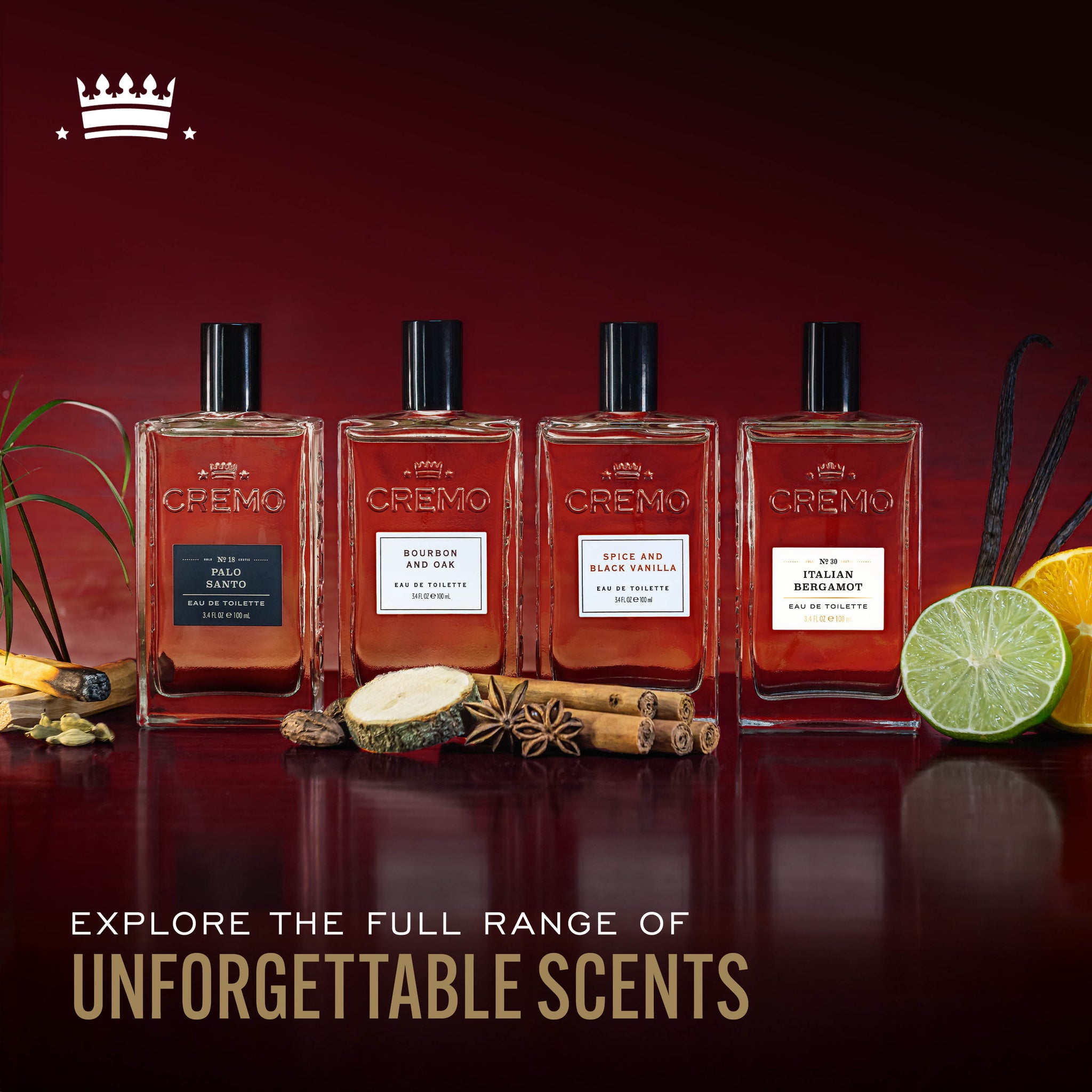 Cremo Eau De Toilette range featuring a variety of scents, with text reading, “Explore the full range of unforgettable scents.”