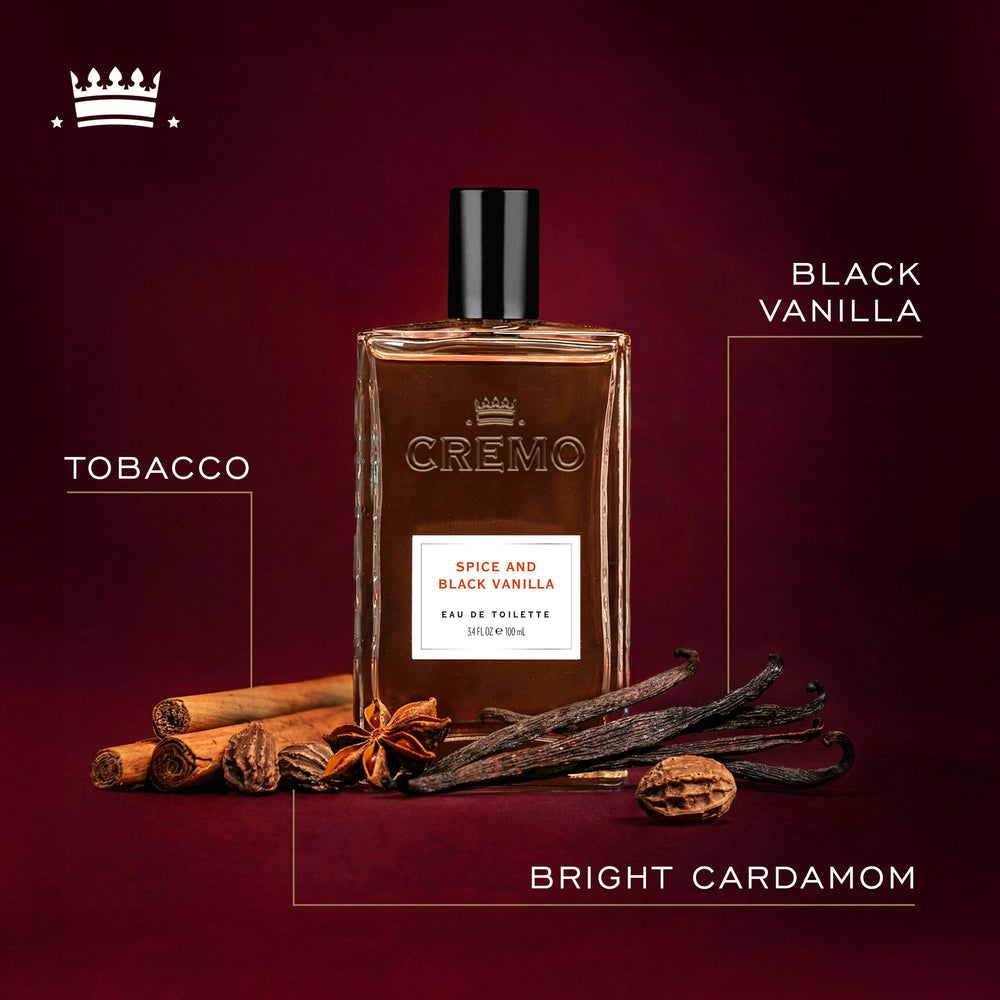 Front view of Cremo Spice & Black Vanilla Eau De Toilette, with text highlighting tobacco, bright cardamom, and black vanilla fragrance notes.