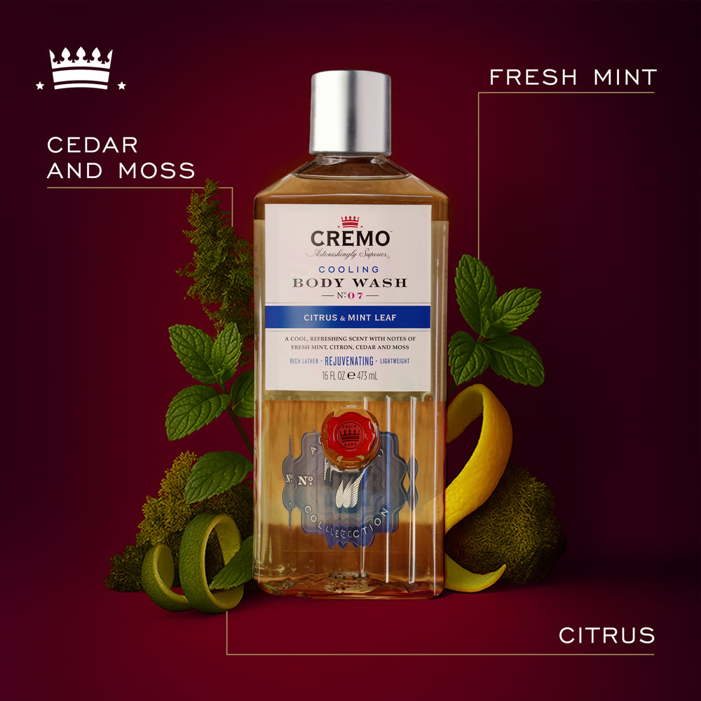 Front view of Cremo Cooling Citrus & Mint Leaf Body Wash, with text highlighting fresh mint, cedar and moss, and citrus fragrance notes.