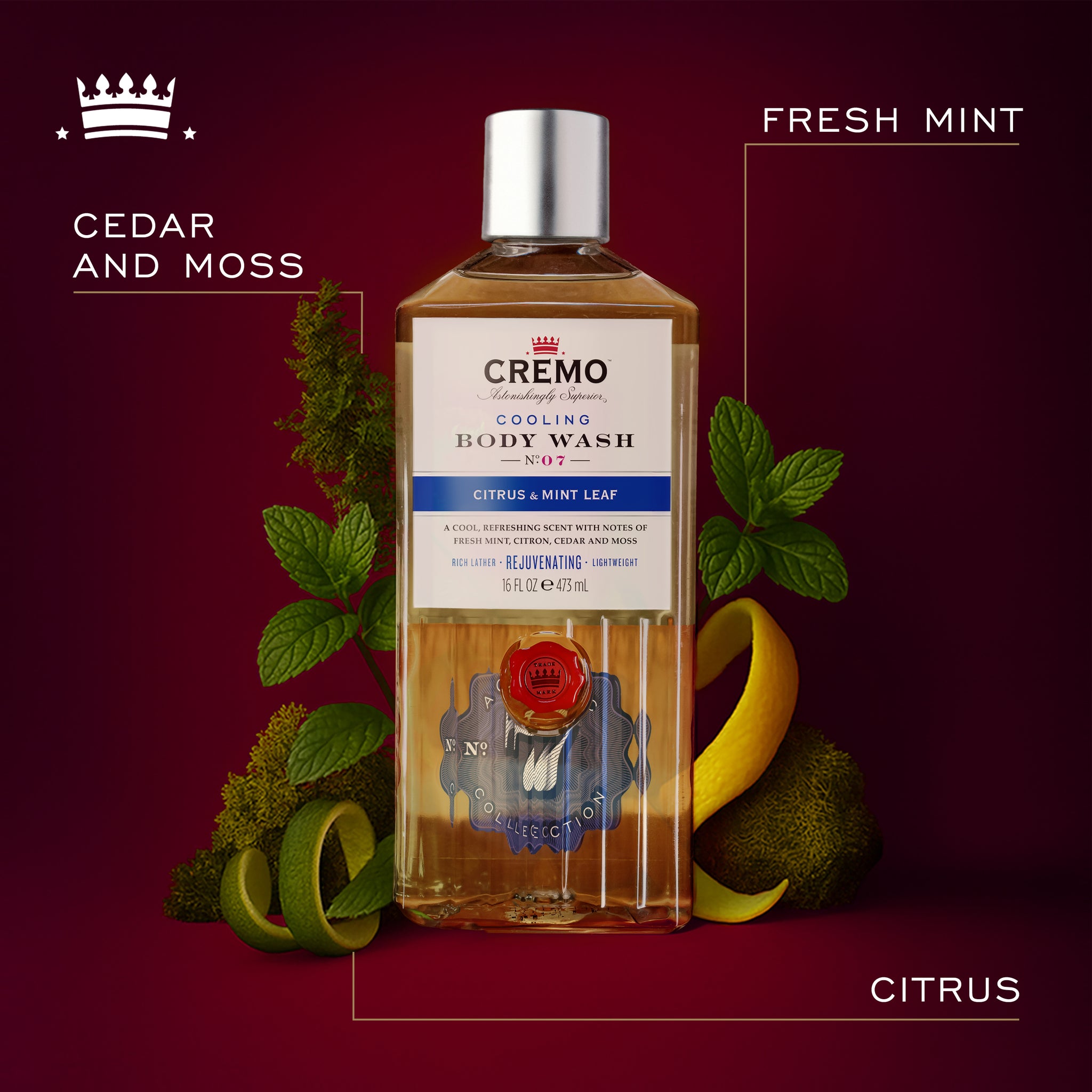 Front view of Cremo Cooling Citrus & Mint Leaf Body Wash, with text highlighting fresh mint, cedar and moss, and citrus fragrance notes.