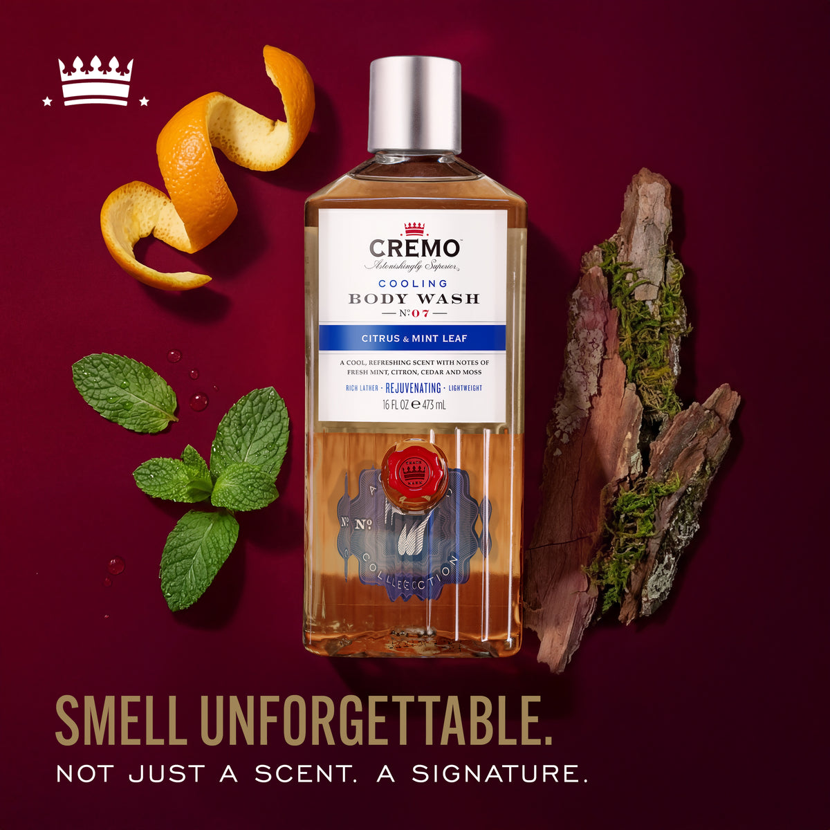 Cremo Cooling Citrus & Mint Leaf Body Wash with text reading, “Smell unforgettable. Not just a scent. A signature.”