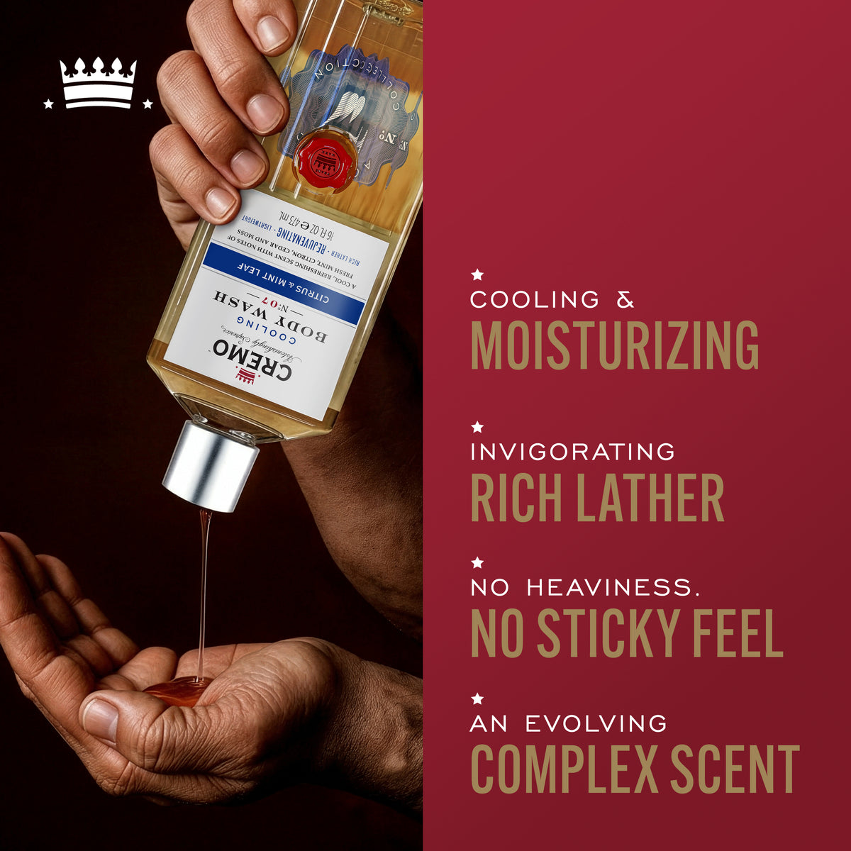 Model pouring Cremo Cooling Citrus & Mint Leaf Body Wash into their hand, with text highlighting cooling & moisturizing, invigorating rich lather, no heaviness or sticky feel, and an evolving complex scent.