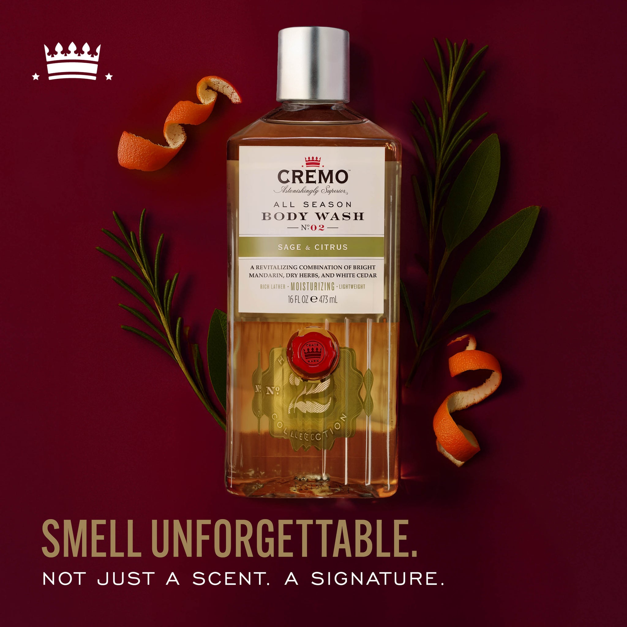 Cremo Sage & Citrus Body Wash with text reading, “Smell unforgettable. Not just a scent. A signature.”