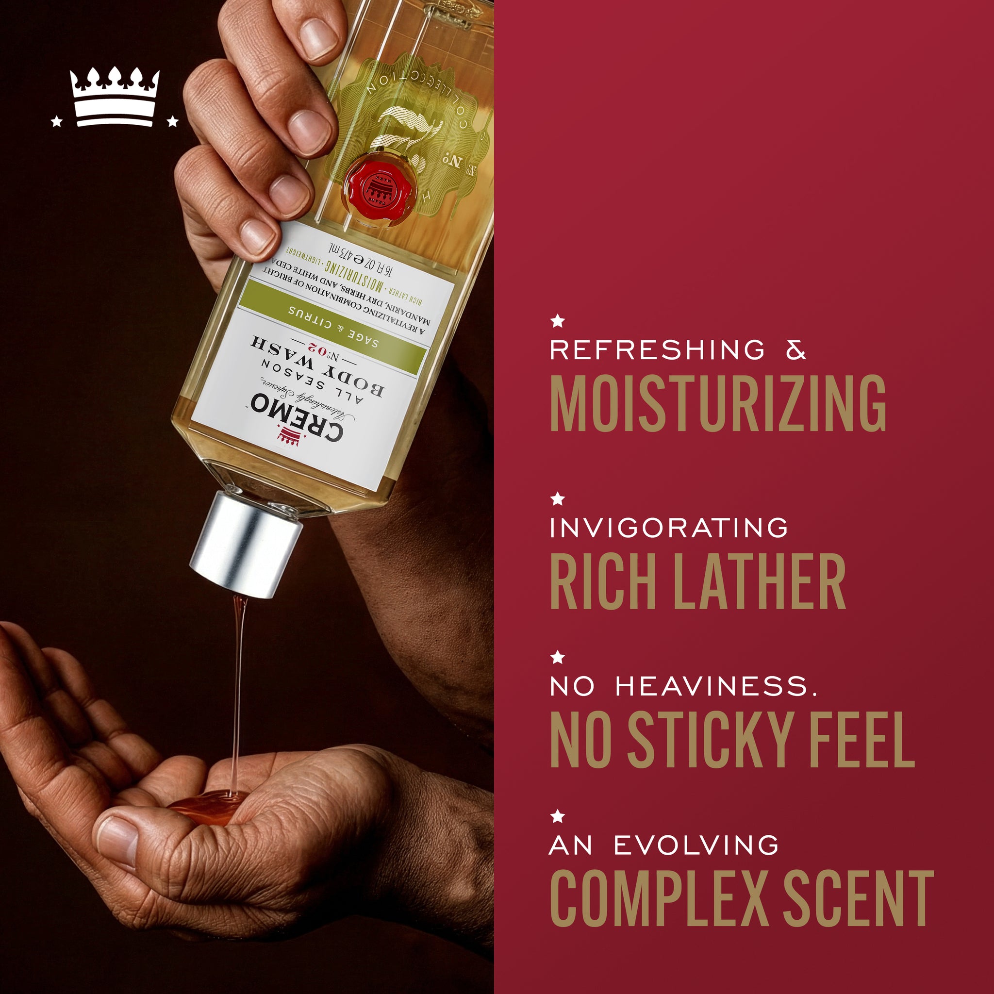 Model pouring Cremo Sage & Citrus Body Wash into their hand, with text highlighting refreshing & moisturizing, invigorating rich lather, no heaviness or sticky feel, and an evolving complex scent.