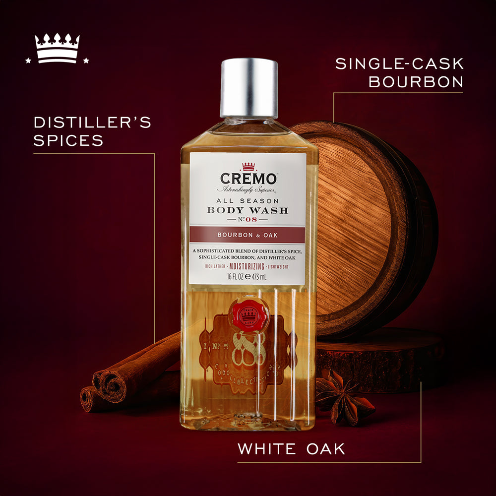 Front view of Cremo Bourbon & Oak Body Wash, with text highlighting distiller's spices, single-cask bourbon, and white oak fragrance notes.