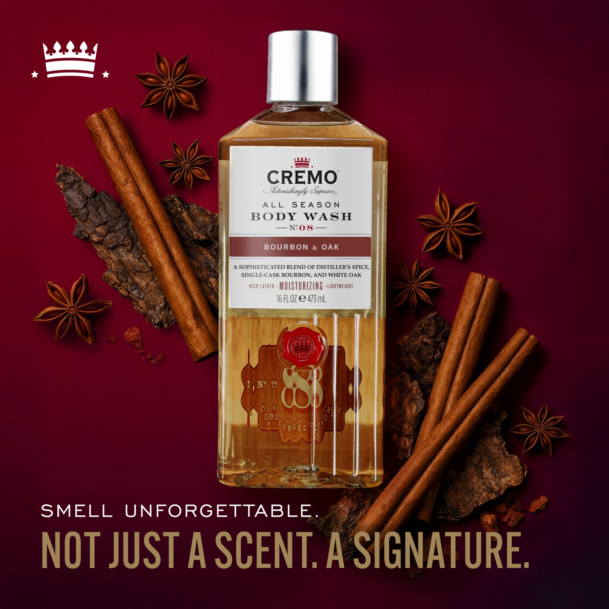Cremo Bourbon & Oak Body Wash with text reading, “Smell unforgettable. Not just a scent. A signature.”