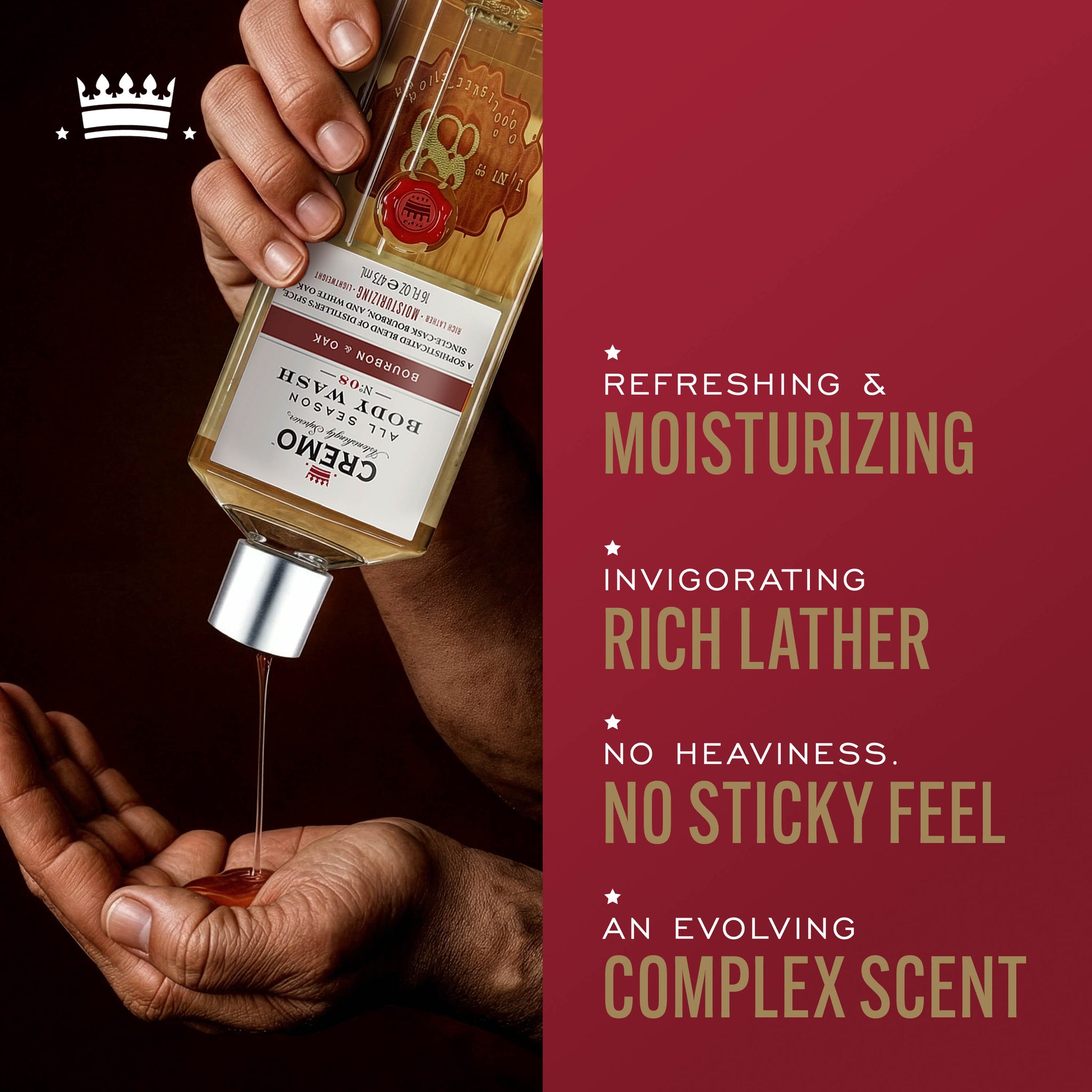 Model pouring Cremo Bourbon & Oak Body Wash into their hand, with text highlighting refreshing & moisturizing, invigorating rich lather, no heaviness or sticky feel, and an evolving complex scent.