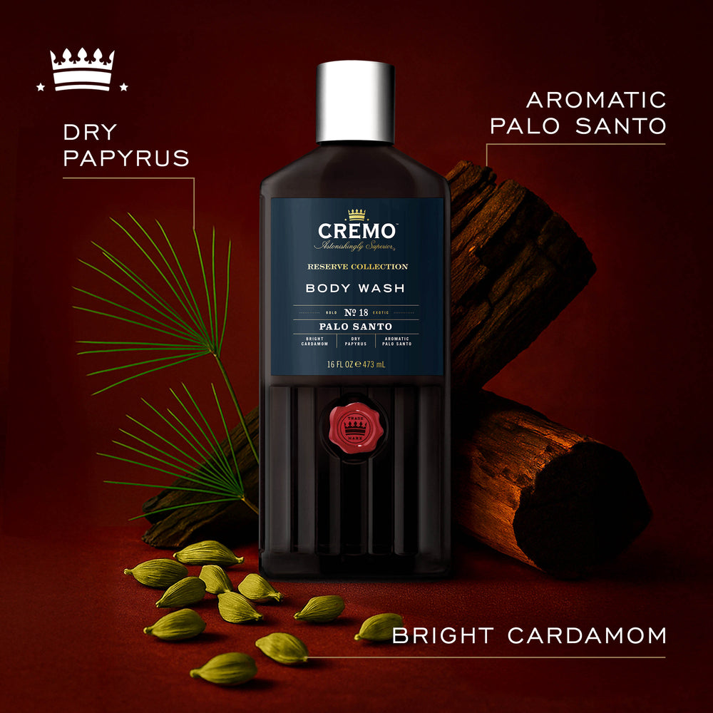 Front view of Cremo Palo Santo Reserve Collection Body Wash, with text highlighting dry papyrus, aromatic palo santo, and bright cardamom fragrance notes.