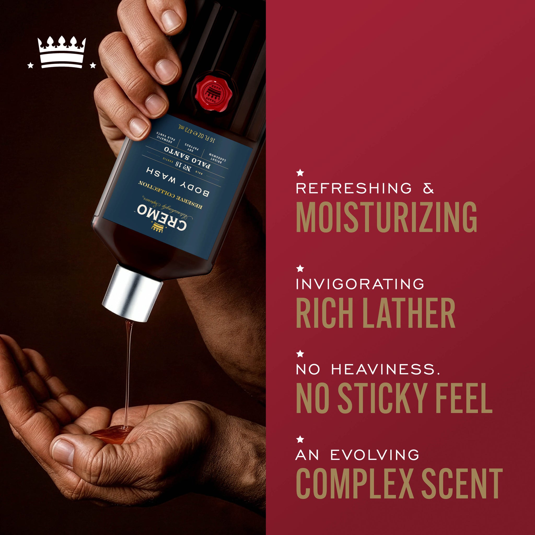 Model pouring Cremo Palo Santo Reserve Collection Body Wash into their hand, with text highlighting refreshing & moisturizing, invigorating rich lather, no heaviness or sticky feel, and an evolving complex scent.