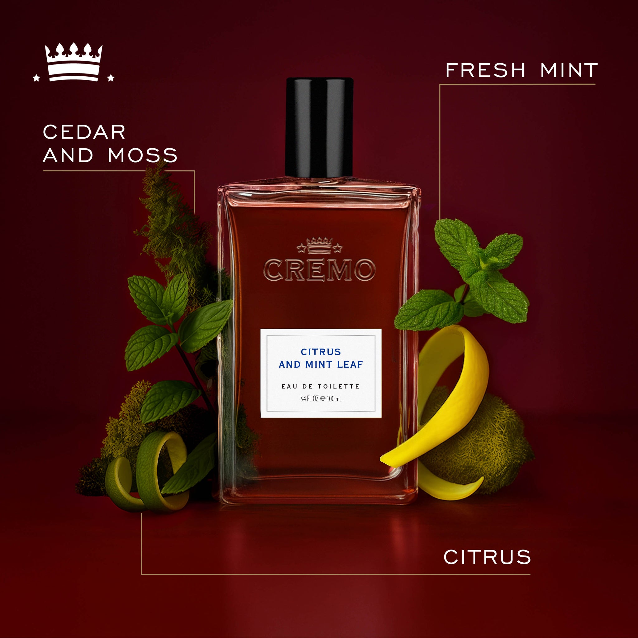 Front view of Cremo Citrus & Mint Leaf Eau De Toilette, with text highlighting fresh mint, cedar and moss, and citrus fragrance notes.