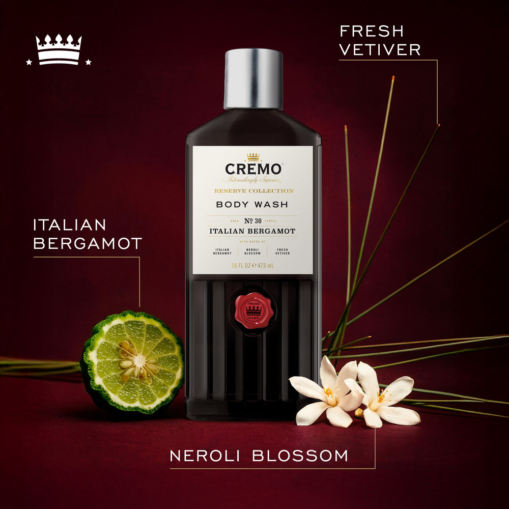 Front view of Cremo Italian Bergamot Body Wash, with text highlighting Italian bergamot, neroli blossom, and fresh vetiver fragrance notes.