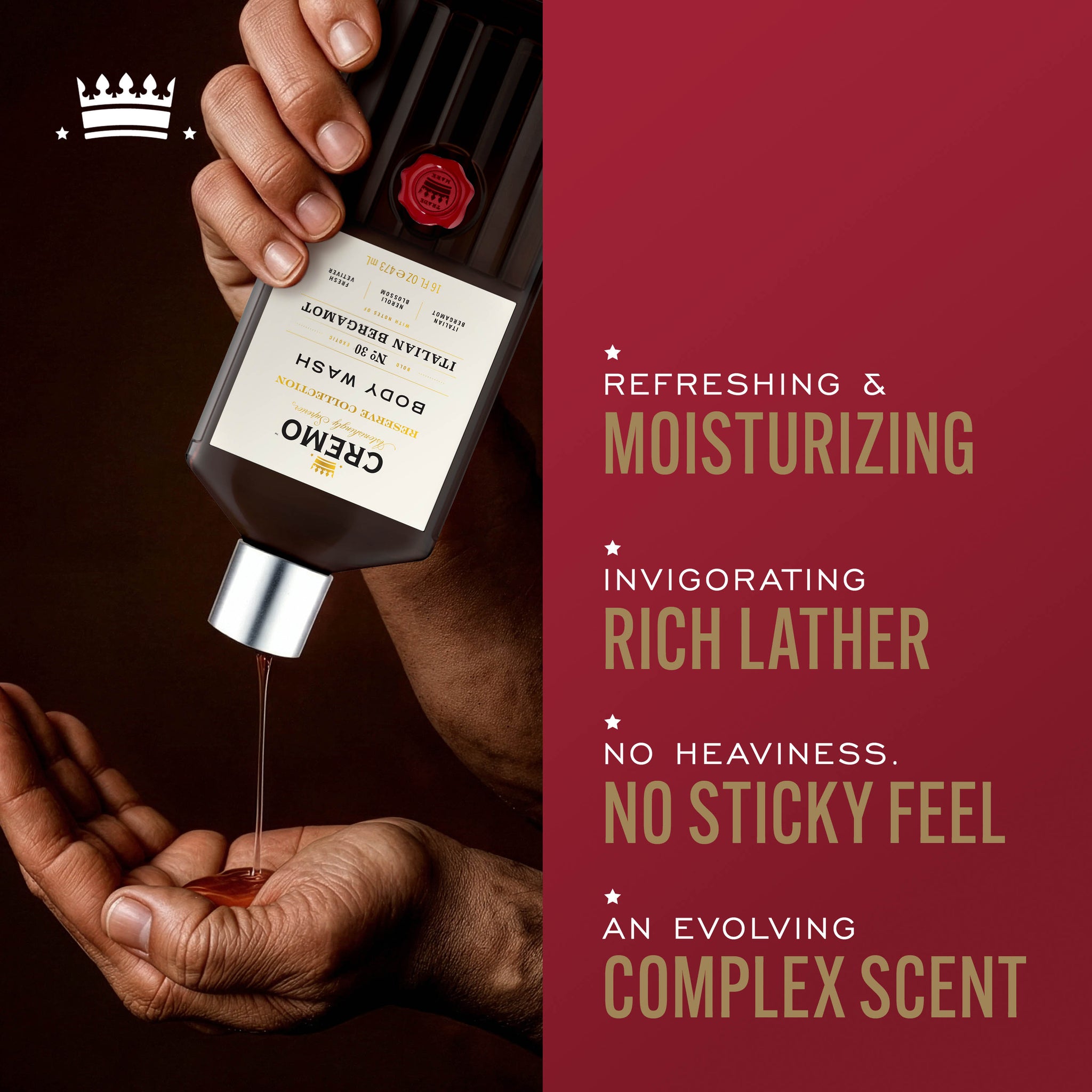 Model pouring Cremo Italian Bergamot Body Wash into their hand, with text highlighting refreshing & moisturizing, invigorating rich lather, no heaviness or sticky feel, and an evolving complex scent.