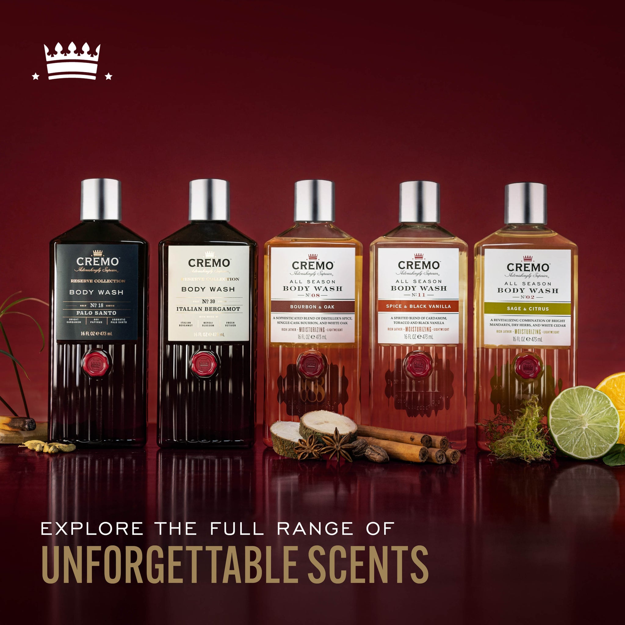 Cremo Italian Bergamot Body Wash range featuring a variety of scents, with text reading, “Explore the full range of unforgettable scents.”